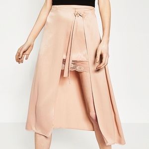 Zara Blush Satin Wrap Midi Skirt Lace Mini Lined